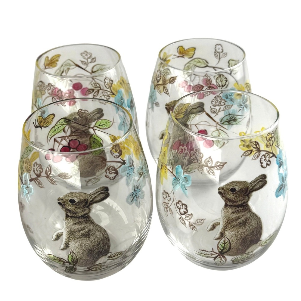 Pier 1 Sophie the Bunny Stemless Wine Glasses Set of 4 Retired Floral Rabbit